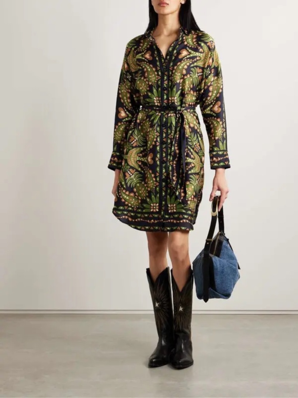 Farm Rio Martina Belted Printed Satin Midi Shirt Dress Chemise Small Black NWT